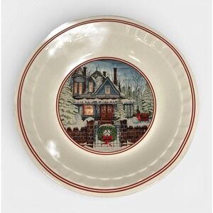 Watkins 1999 Cranilla Pecan Pie Plate Ceramic Winter Victorian House Sleigh 5901
